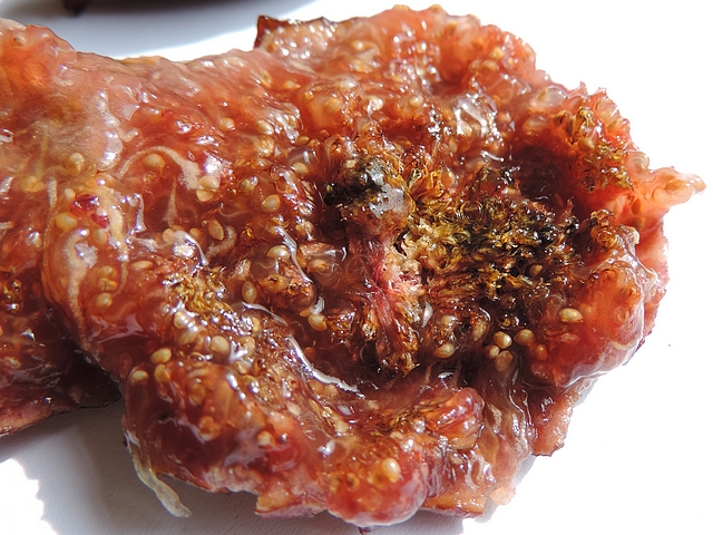 Interior of a ripe fig showing traces of Silba adipata McAlpine attack (immature stage) and a weak cryptogamic infection.